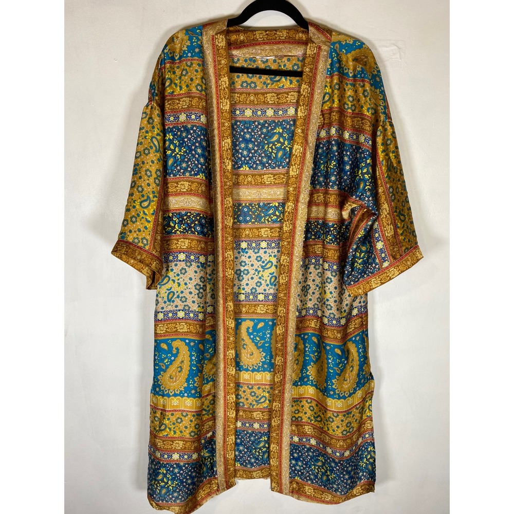 Boho Paisley Floral Border Print Long Open Front‎ Kimono Duster OS Fits L-2X